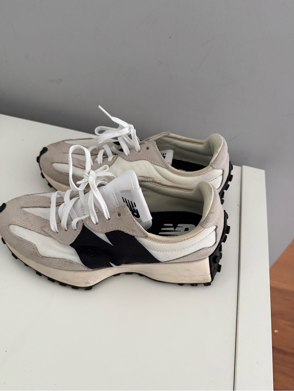 New Balance Sneakers in White, Beige & Black